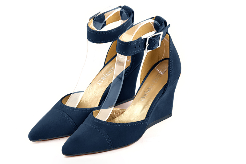 Navy blue women's open side shoes, with a strap around the ankle. Tapered toe. High wedge heels - Florence KOOIJMAN